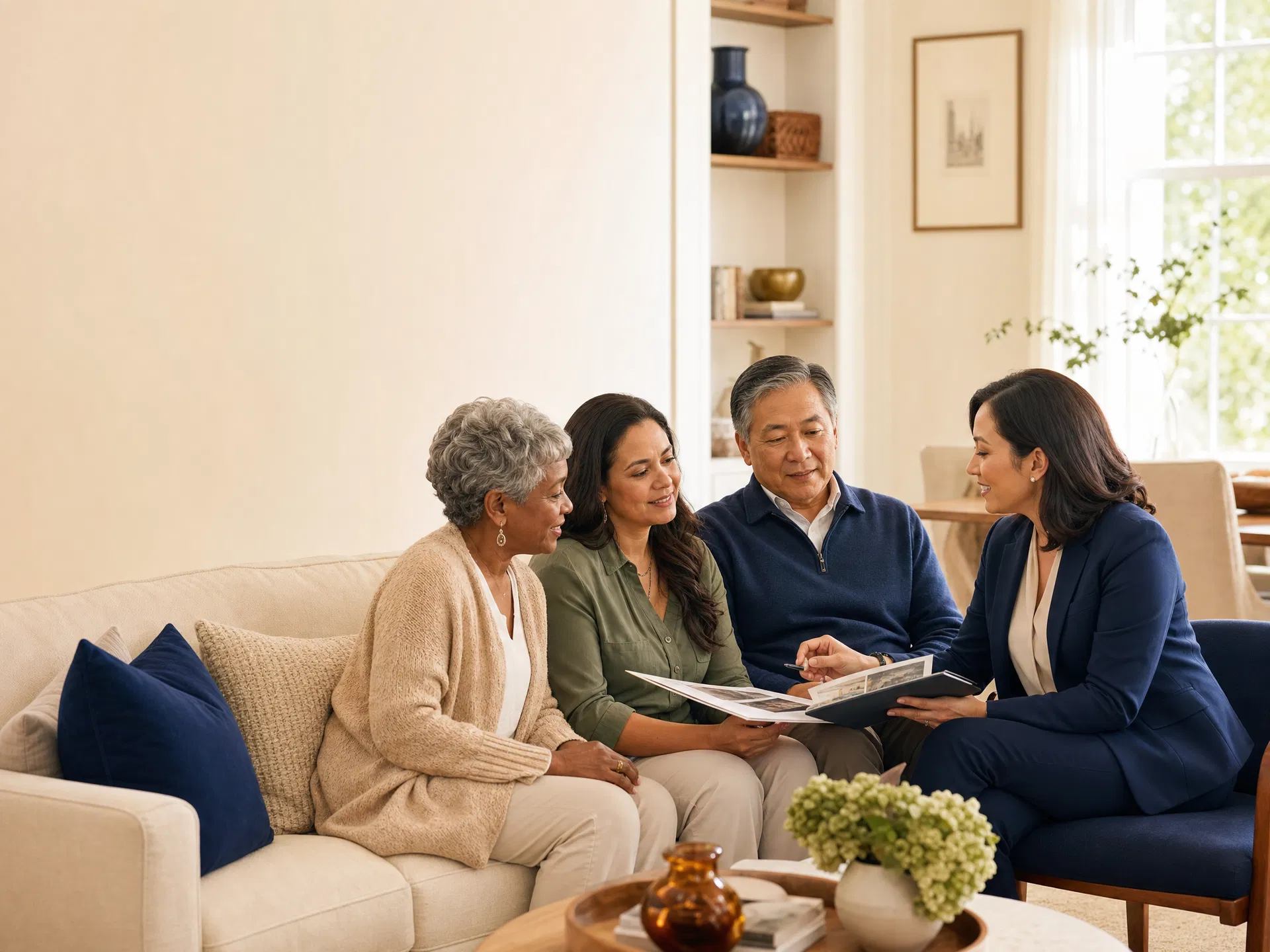 Diverse family meeting with a senior living advisor in a warm residential setting