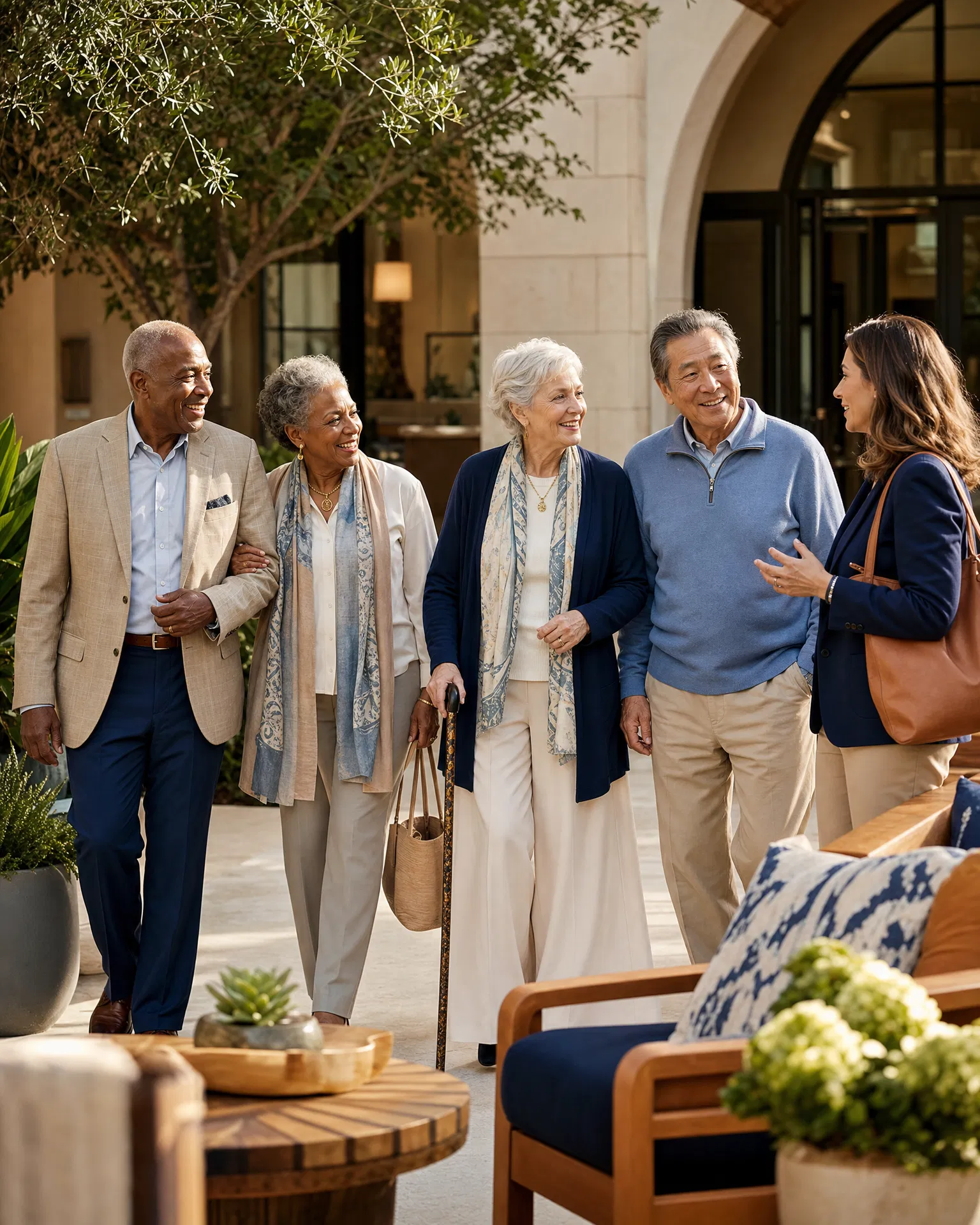 Diverse seniors and an advisor walking together through a welcoming community setting