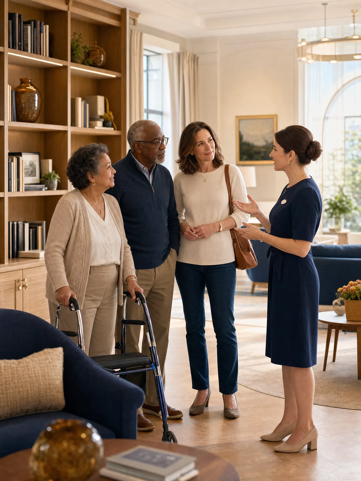 Advisor giving an inclusive senior living tour to a diverse family